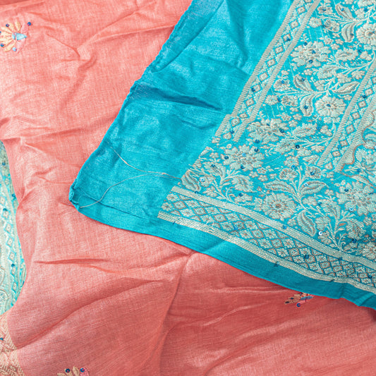 Sanskriti Vintage Pink-Blue Pure Silk Dupatta Stole Hand Woven Embroidered Veil