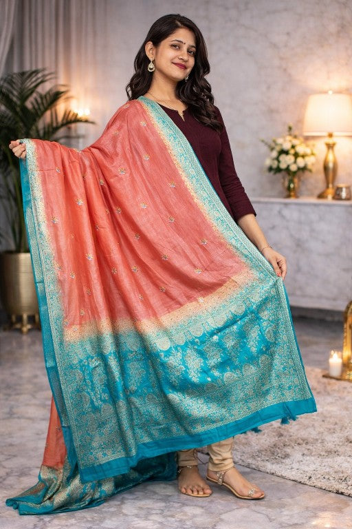 Sanskriti Vintage Pink-Blue Pure Silk Dupatta Stole Hand Woven Embroidered Veil