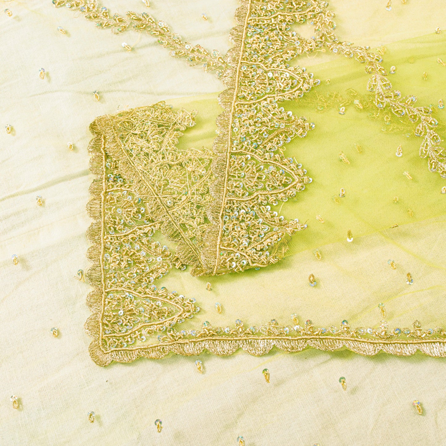 Sanskriti Vintage Green Net Dupatta Stole Hand Embroidered Zari Zardozi Scarf