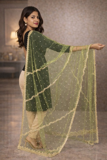Sanskriti Vintage Green Net Dupatta Stole Hand Embroidered Zari Zardozi Scarf
