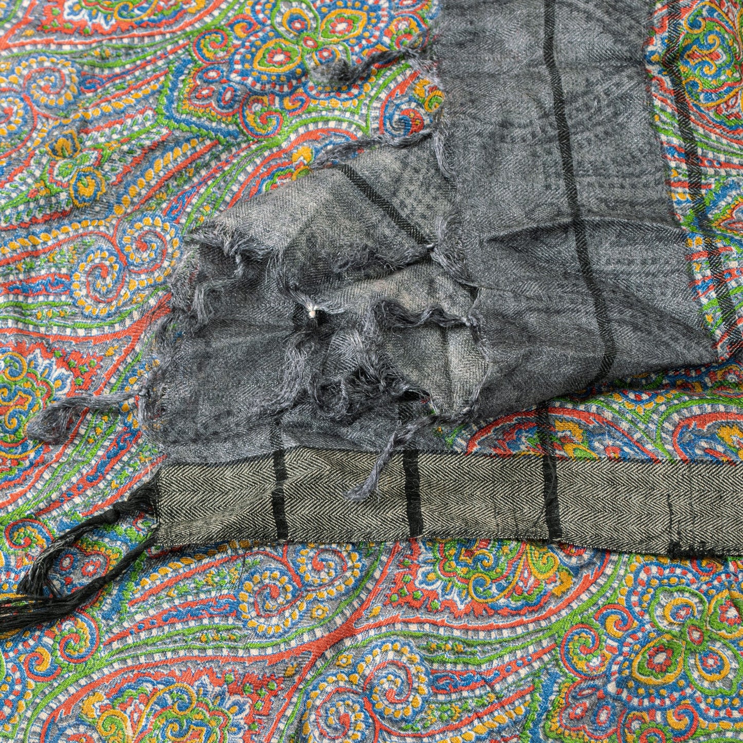 Sanskriti Vintage Grey Woolen Silk Dupatta Stole Paisley Woven Kashmir Scarf Vei