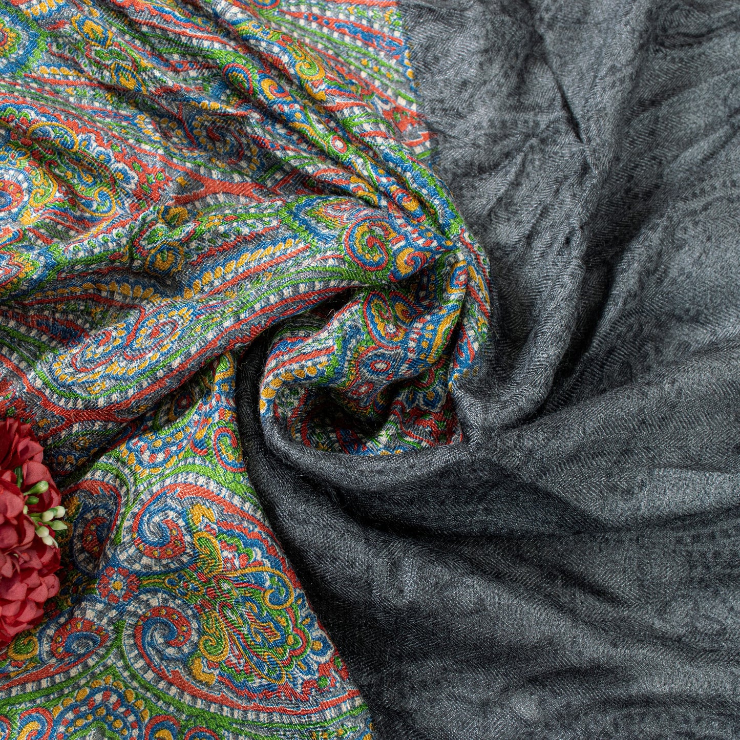 Sanskriti Vintage Grey Woolen Silk Dupatta Stole Paisley Woven Kashmir Scarf Vei