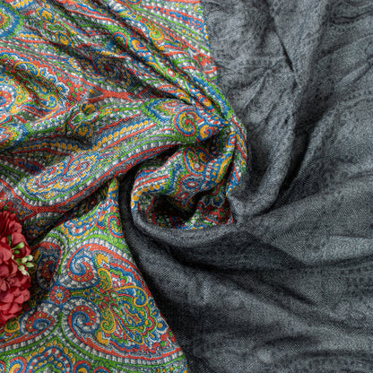 Sanskriti Vintage Grey Woolen Silk Dupatta Stole Paisley Woven Kashmir Scarf Vei