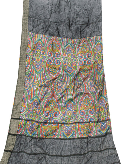 Sanskriti Vintage Grey Woolen Silk Dupatta Stole Paisley Woven Kashmir Scarf Vei