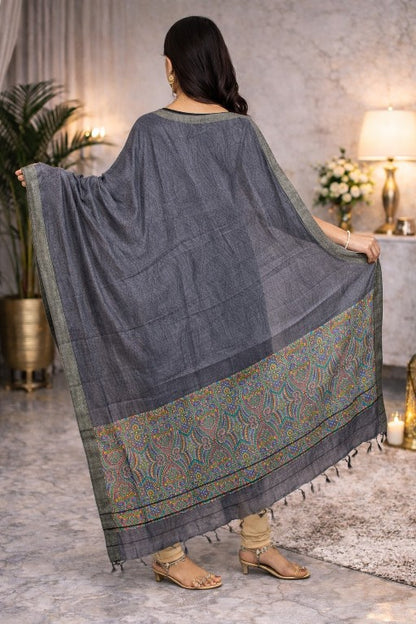 Sanskriti Vintage Grey Woolen Silk Dupatta Stole Paisley Woven Kashmir Scarf Vei