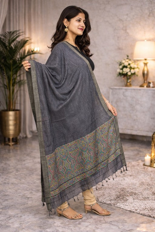 Sanskriti Vintage Grey Woolen Silk Dupatta Stole Paisley Woven Kashmir Scarf Vei