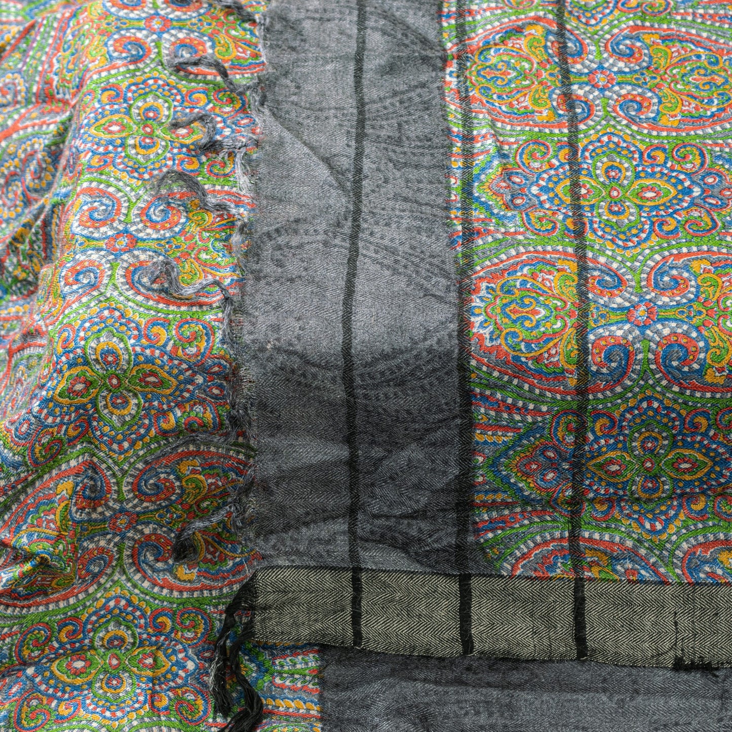 Sanskriti Vintage Grey Woolen Silk Dupatta Stole Paisley Woven Kashmir Scarf Vei