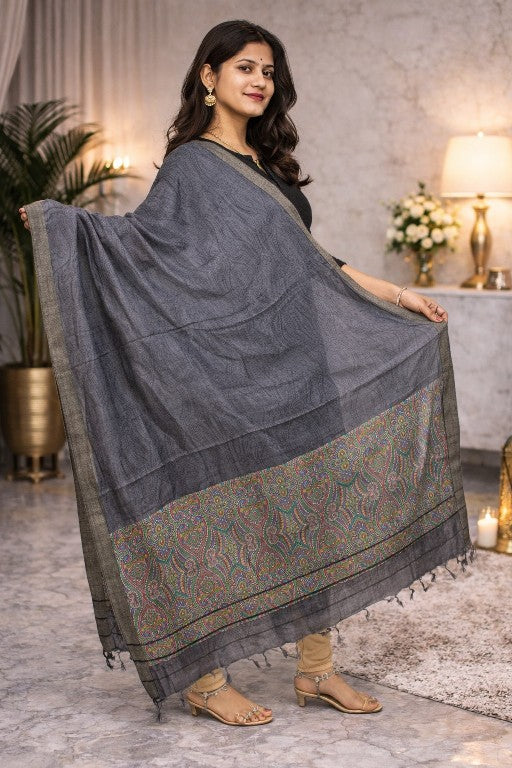 Sanskriti Vintage Grey Woolen Silk Dupatta Stole Paisley Woven Kashmir Scarf Vei