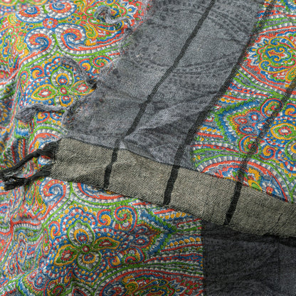 Sanskriti Vintage Grey Woolen Silk Dupatta Stole Paisley Woven Kashmir Scarf Vei