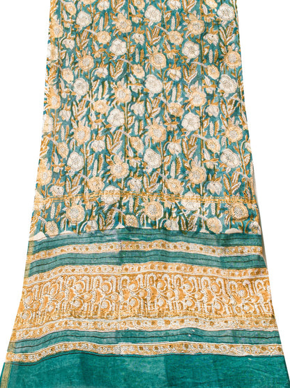 Sanskriti Vintage Sea-Green Cotton Silk Dupatta Hand Block Kalamkari Stole Scarf