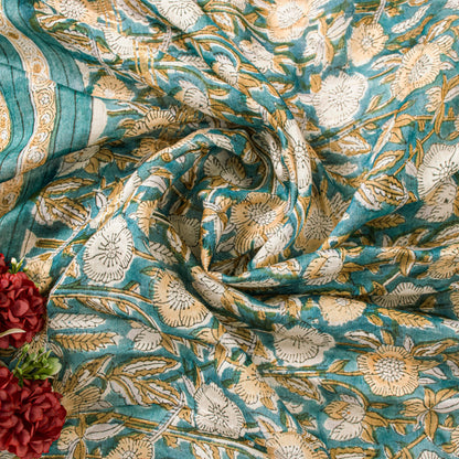 Sanskriti Vintage Sea-Green Cotton Silk Dupatta Hand Block Kalamkari Stole Scarf