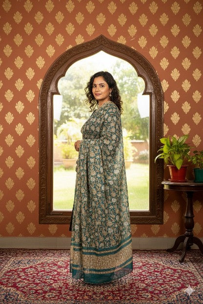 Sanskriti Vintage Sea-Green Cotton Silk Dupatta Hand Block Kalamkari Stole Scarf