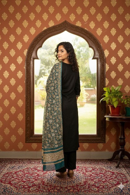 Sanskriti Vintage Sea-Green Cotton Silk Dupatta Hand Block Kalamkari Stole Scarf