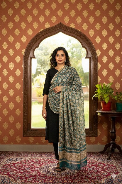 Sanskriti Vintage Sea-Green Cotton Silk Dupatta Hand Block Kalamkari Stole Scarf