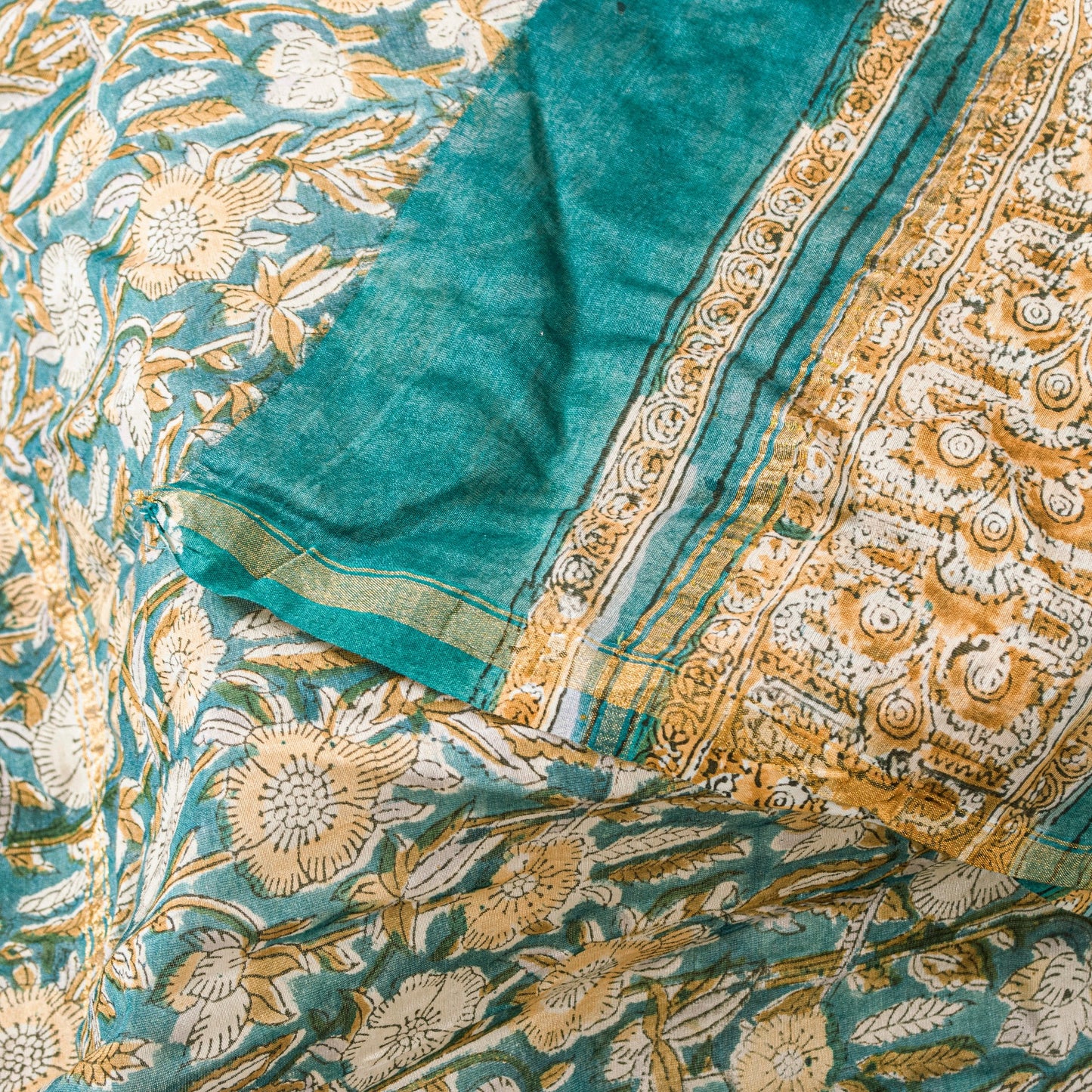 Sanskriti Vintage Sea-Green Cotton Silk Dupatta Hand Block Kalamkari Stole Scarf