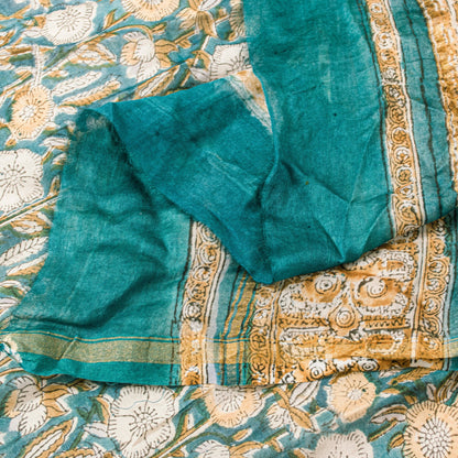Sanskriti Vintage Sea-Green Cotton Silk Dupatta Hand Block Kalamkari Stole Scarf