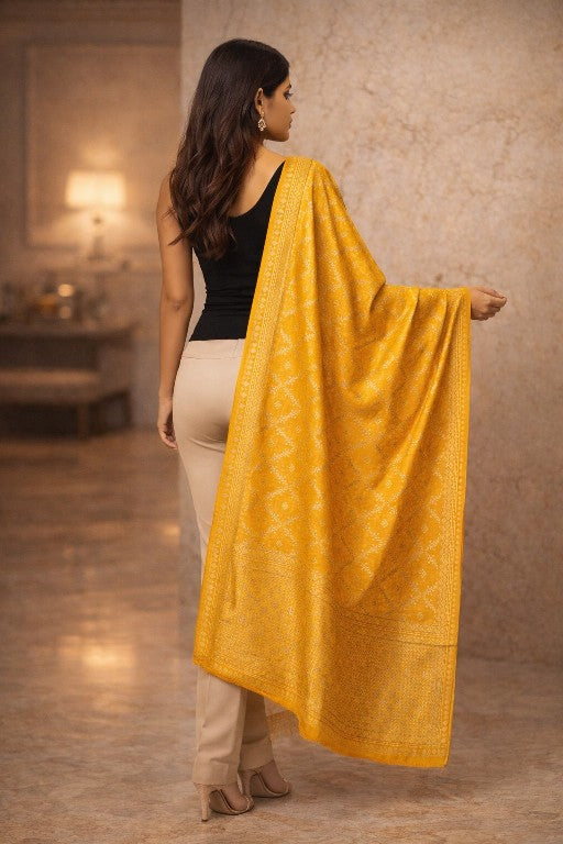 Sanskriti Vintage Yellow Pure Silk Dupatta Stole Banarasi Brocade Zari Handwoven