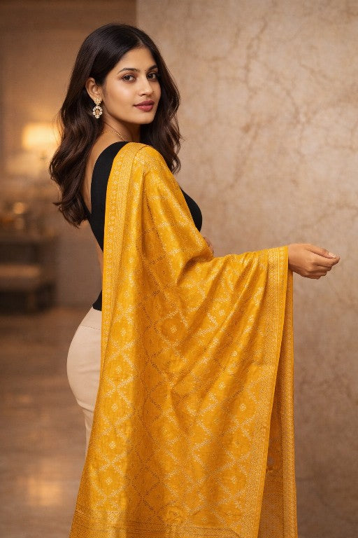 Sanskriti Vintage Yellow Pure Silk Dupatta Stole Banarasi Brocade Zari Handwoven