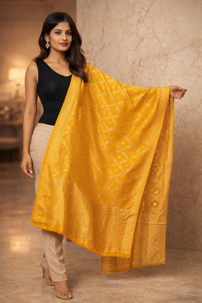 Sanskriti Vintage Yellow Pure Silk Dupatta Stole Banarasi Brocade Zari Handwoven