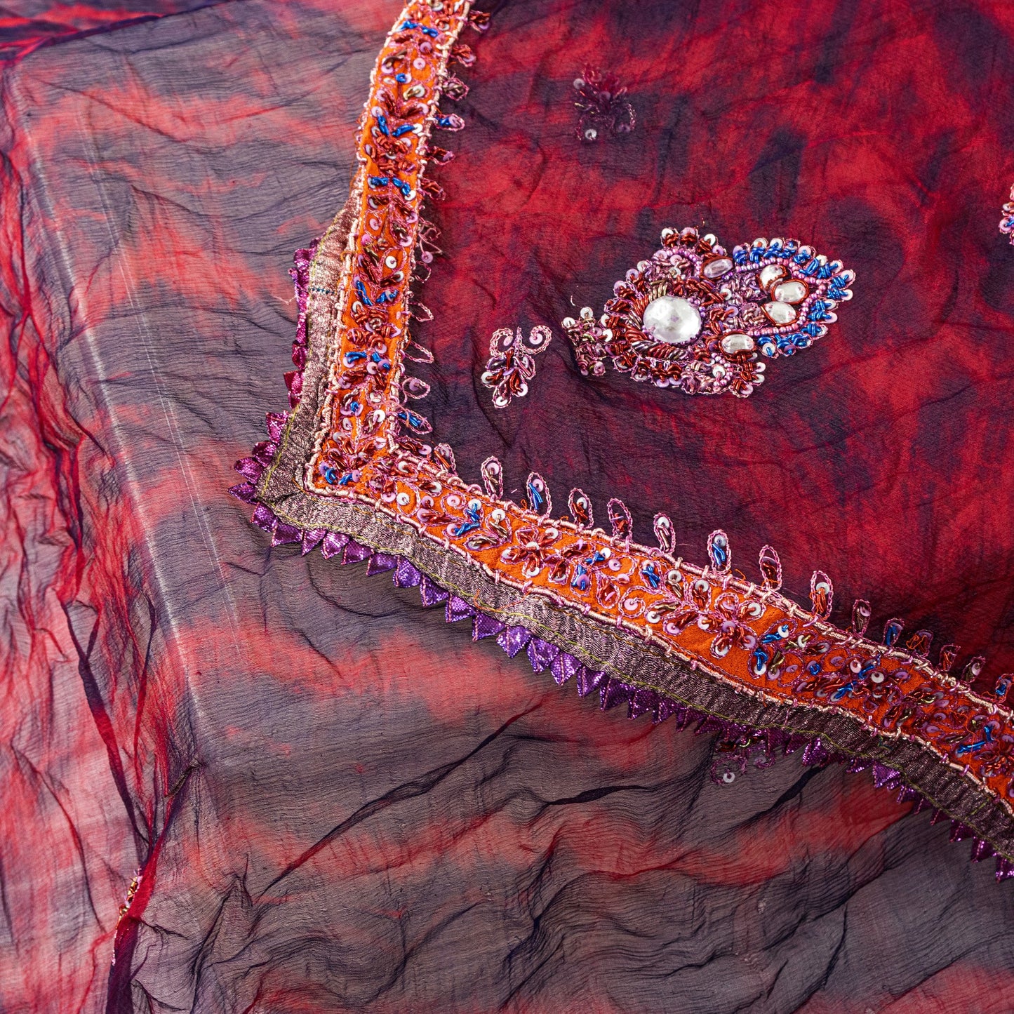 Sanskriti Vintage Red-Blue Pure Chiffon Dupatta Stole Tie-Dye Hand Embroidered