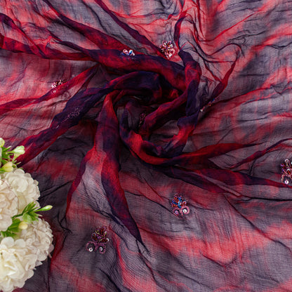 Sanskriti Vintage Red-Blue Pure Chiffon Dupatta Stole Tie-Dye Hand Embroidered