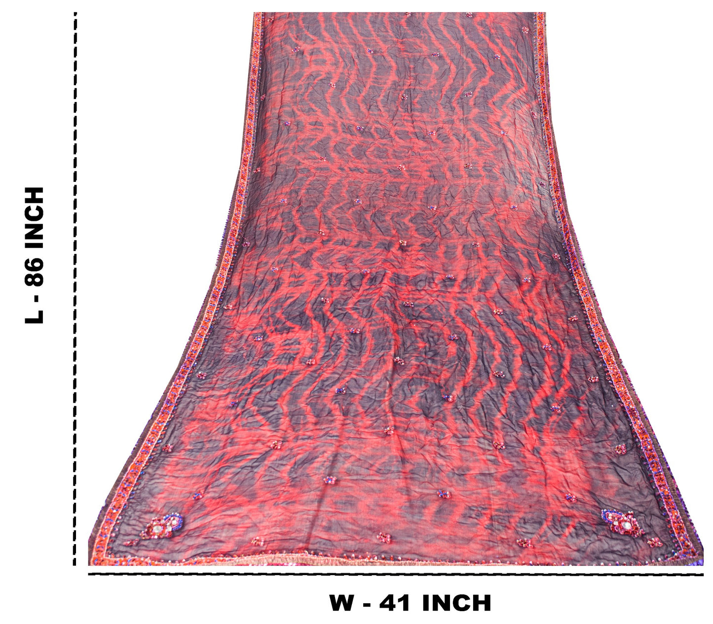 Sanskriti Vintage Red-Blue Pure Chiffon Dupatta Stole Tie-Dye Hand Embroidered
