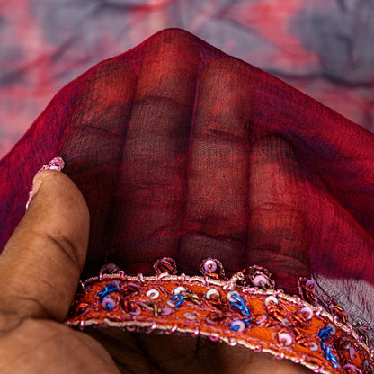 Sanskriti Vintage Red-Blue Pure Chiffon Dupatta Stole Tie-Dye Hand Embroidered