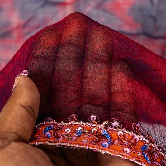 Sanskriti Vintage Red-Blue Pure Chiffon Dupatta Stole Tie-Dye Hand Embroidered
