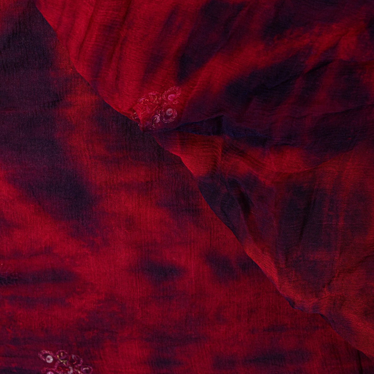 Sanskriti Vintage Red-Blue Pure Chiffon Dupatta Stole Tie-Dye Hand Embroidered