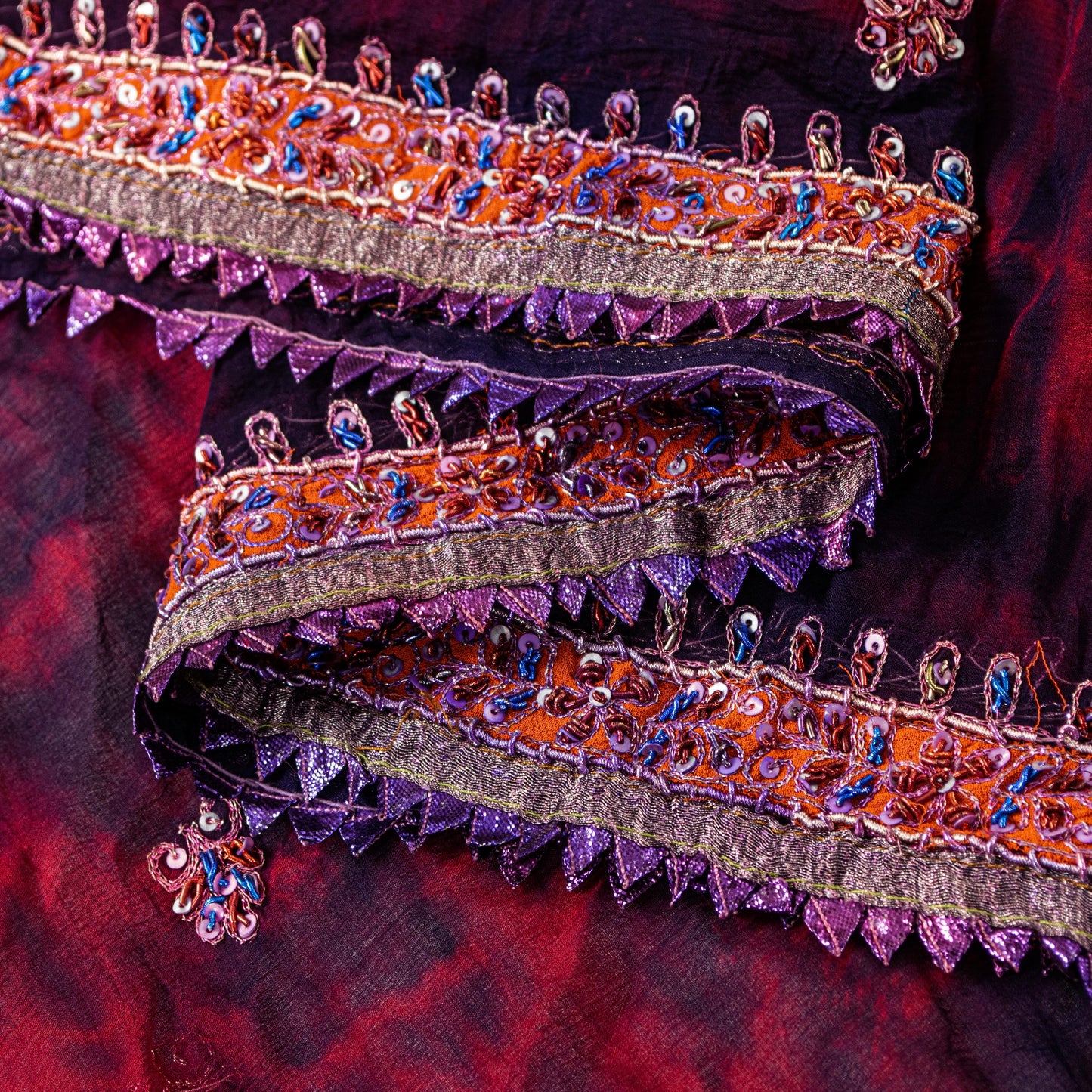 Sanskriti Vintage Red-Blue Pure Chiffon Dupatta Stole Tie-Dye Hand Embroidered
