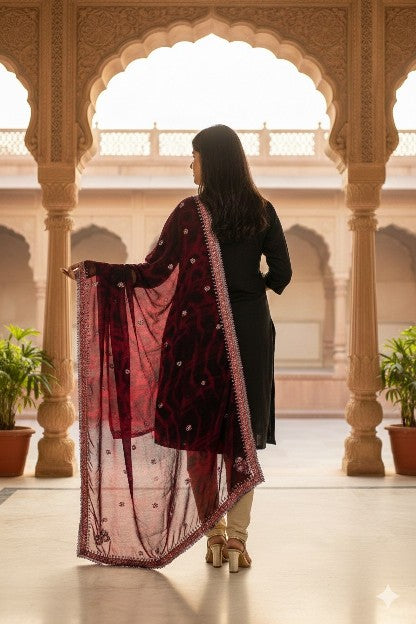 Sanskriti Vintage Red-Blue Pure Chiffon Dupatta Stole Tie-Dye Hand Embroidered