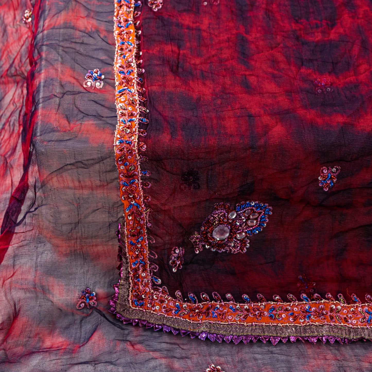 Sanskriti Vintage Red-Blue Pure Chiffon Dupatta Stole Tie-Dye Hand Embroidered