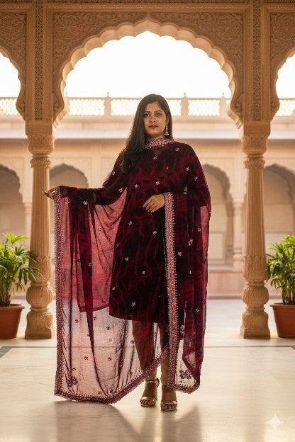 Sanskriti Vintage Red-Blue Pure Chiffon Dupatta Stole Tie-Dye Hand Embroidered
