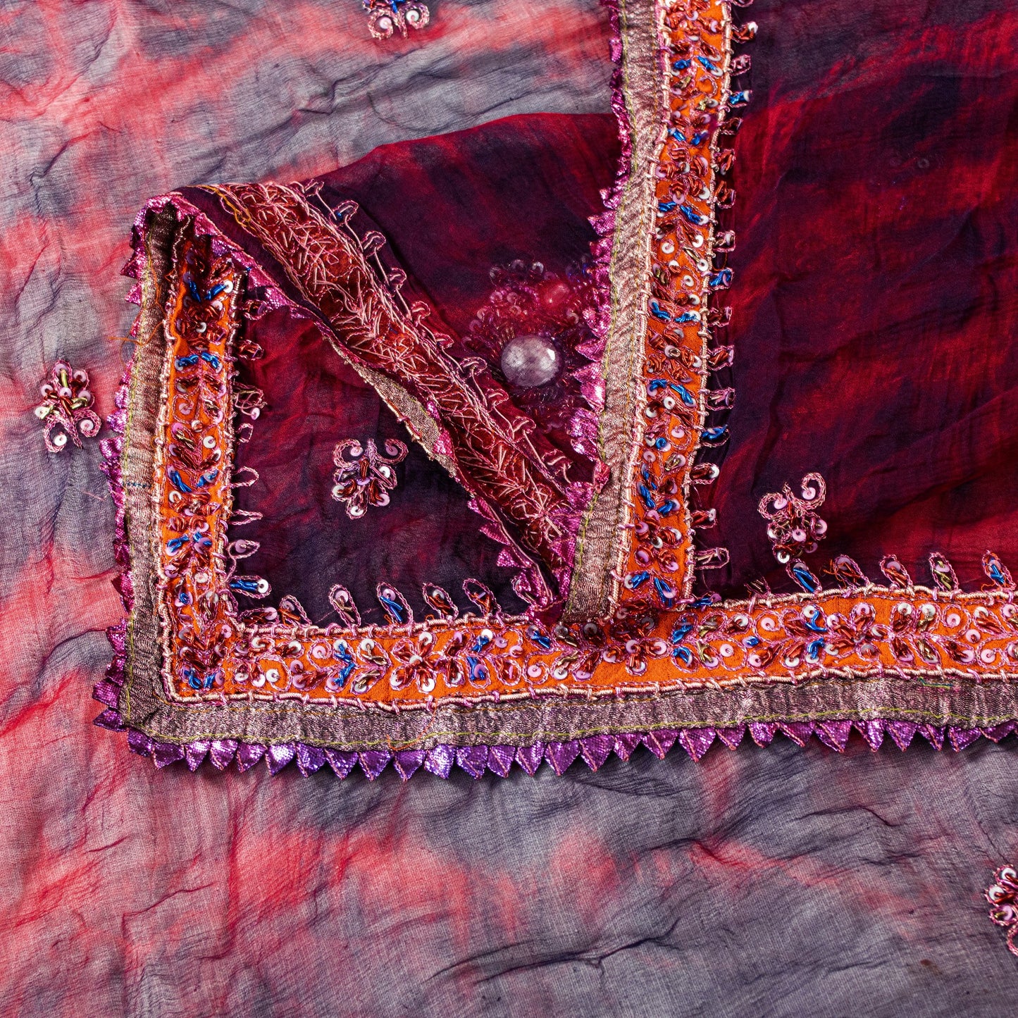 Sanskriti Vintage Red-Blue Pure Chiffon Dupatta Stole Tie-Dye Hand Embroidered