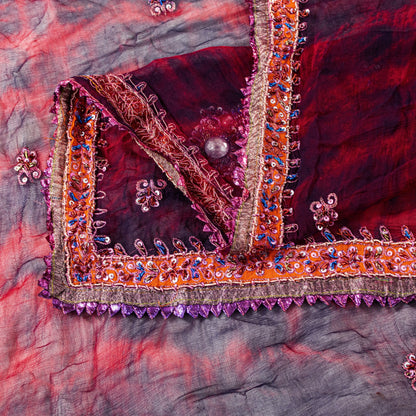 Sanskriti Vintage Red-Blue Pure Chiffon Dupatta Stole Tie-Dye Hand Embroidered