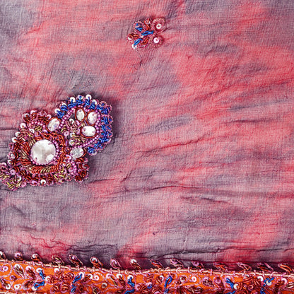 Sanskriti Vintage Red-Blue Pure Chiffon Dupatta Stole Tie-Dye Hand Embroidered