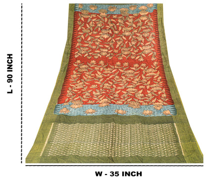 Sanskriti Vintage Red Pure Cotton Dupatta Stole Shrikalhasti Kalamkari Ikat Veil