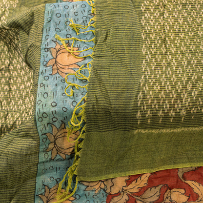 Sanskriti Vintage Red Pure Cotton Dupatta Stole Shrikalhasti Kalamkari Ikat Veil