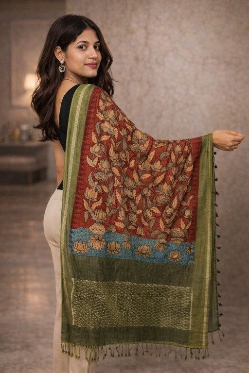 Sanskriti Vintage Red Pure Cotton Dupatta Stole Shrikalhasti Kalamkari Ikat Veil