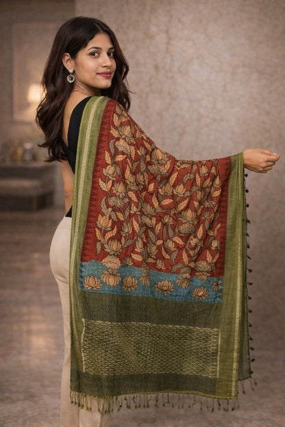 Sanskriti Vintage Red Pure Cotton Dupatta Stole Shrikalhasti Kalamkari Ikat Veil
