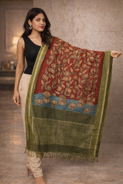 Sanskriti Vintage Red Pure Cotton Dupatta Stole Shrikalhasti Kalamkari Ikat Veil