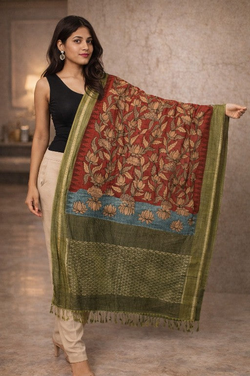 Sanskriti Vintage Red Pure Cotton Dupatta Stole Shrikalhasti Kalamkari Ikat Veil