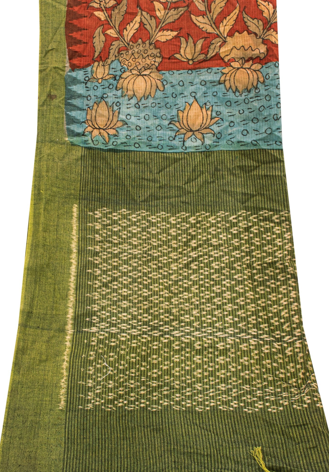 Sanskriti Vintage Red Pure Cotton Dupatta Stole Shrikalhasti Kalamkari Ikat Veil
