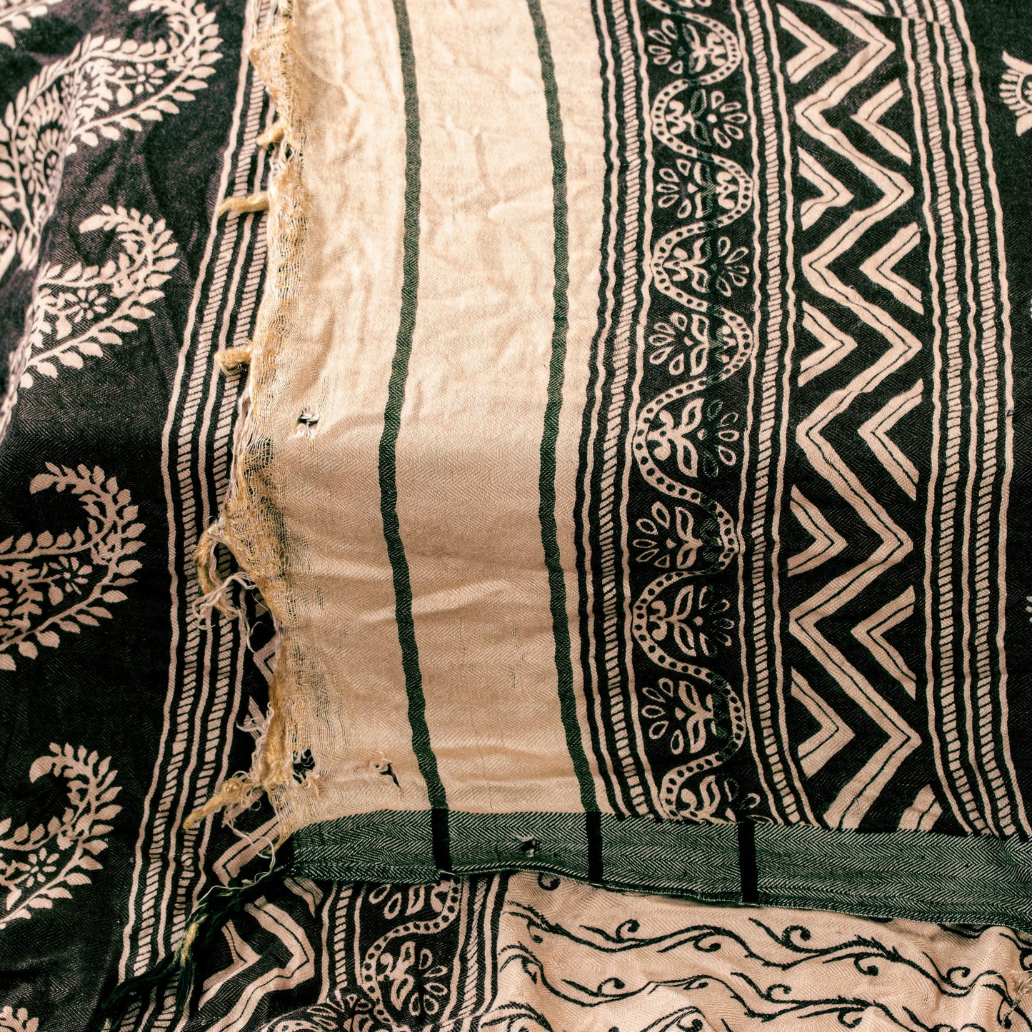 Sanskriti Vintage Cream Blend Woolen Dupatta Stole Sanganeri Block Printed Scarf