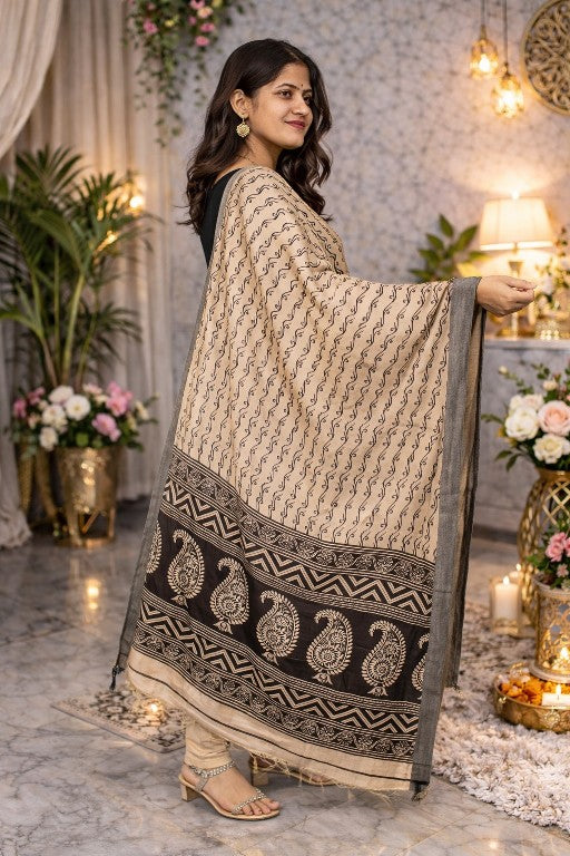 Sanskriti Vintage Cream Blend Woolen Dupatta Stole Sanganeri Block Printed Scarf
