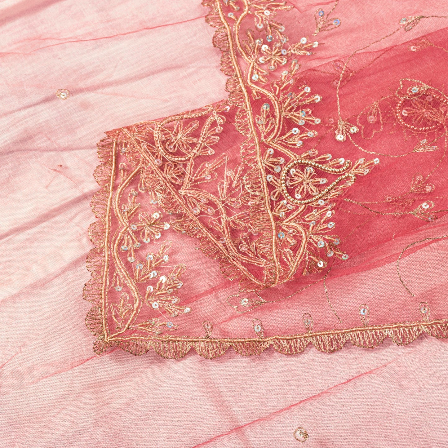 Sanskriti Vintage Pink Net Mesh Dupatta Stole Hand Embroidered Zari Dabka Scarf
