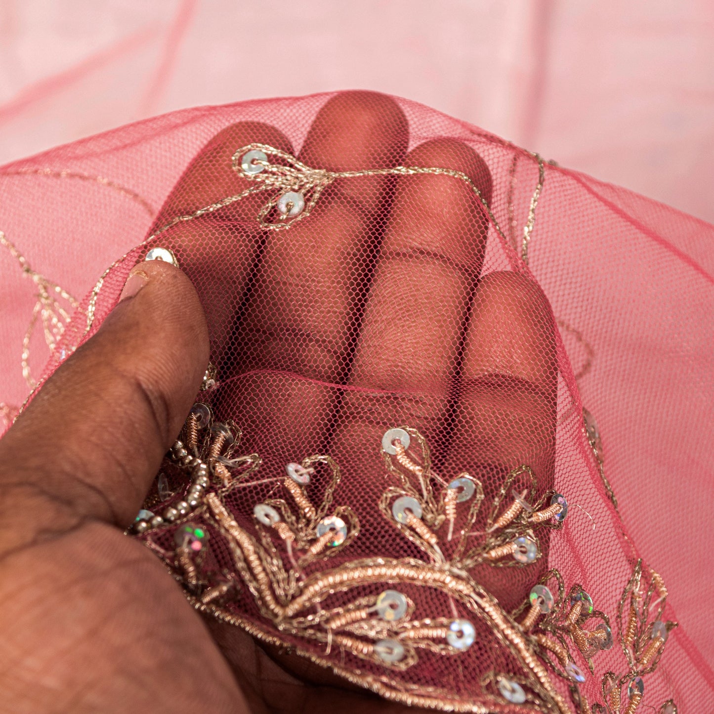 Sanskriti Vintage Pink Net Mesh Dupatta Stole Hand Embroidered Zari Dabka Scarf