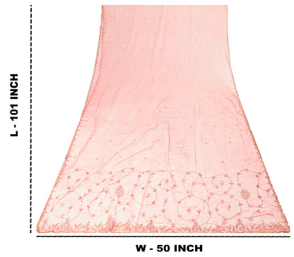 Sanskriti Vintage Pink Net Mesh Dupatta Stole Hand Embroidered Zari Dabka Scarf