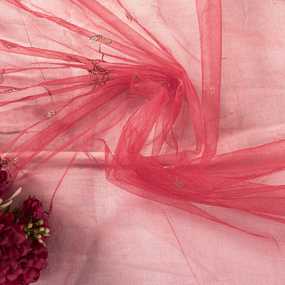 Sanskriti Vintage Pink Net Mesh Dupatta Stole Hand Embroidered Zari Dabka Scarf