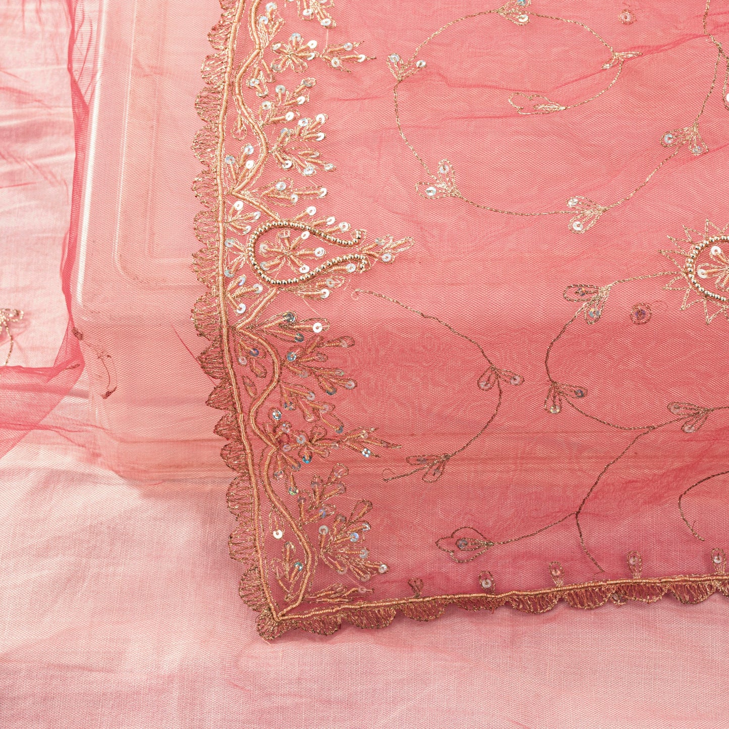Sanskriti Vintage Pink Net Mesh Dupatta Stole Hand Embroidered Zari Dabka Scarf